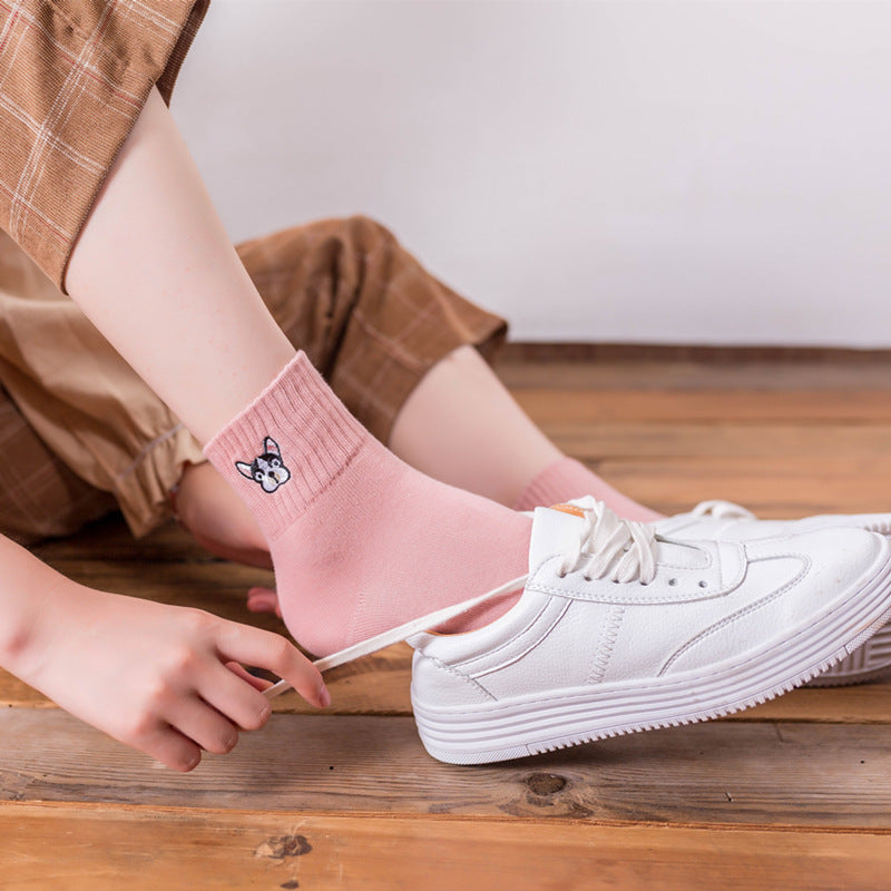 Autumn And Winter New Female Socks Japanese Cartoon Animal Embroidered Cotton
