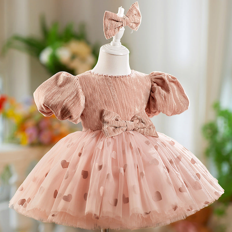 Girls' Dress Birthday Bow Puff Sleeve Puffy Gauze Princess Dres Children Dinner Suit