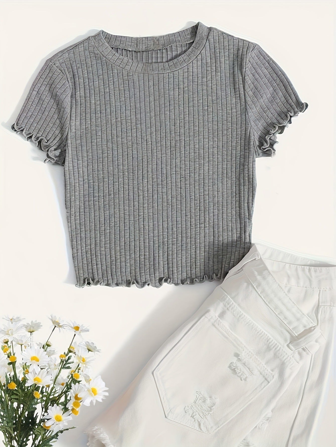 Korean Style Round Neck Wooden Ear Short Top Ins Knitted Inner Match Bottoming Shirt