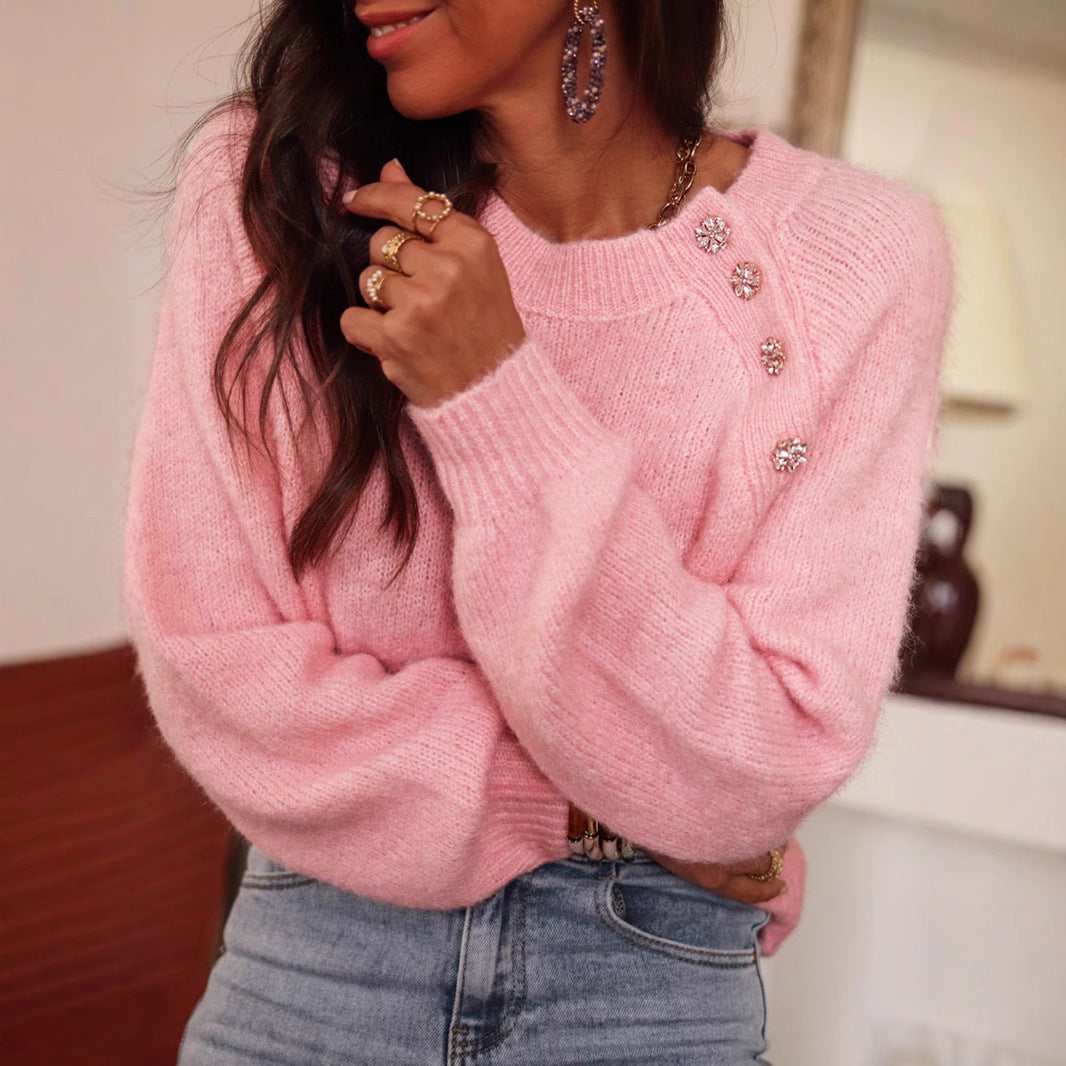 Solid Color Raglan Sleeve Round Neck Button Sweater