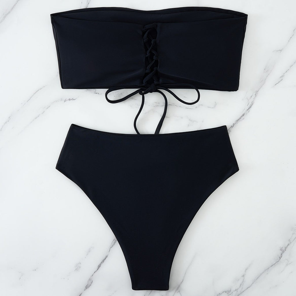 Sexy Solid Color Back Lace-up High Elastic Skin-friendly Bikini Split Swimsuit