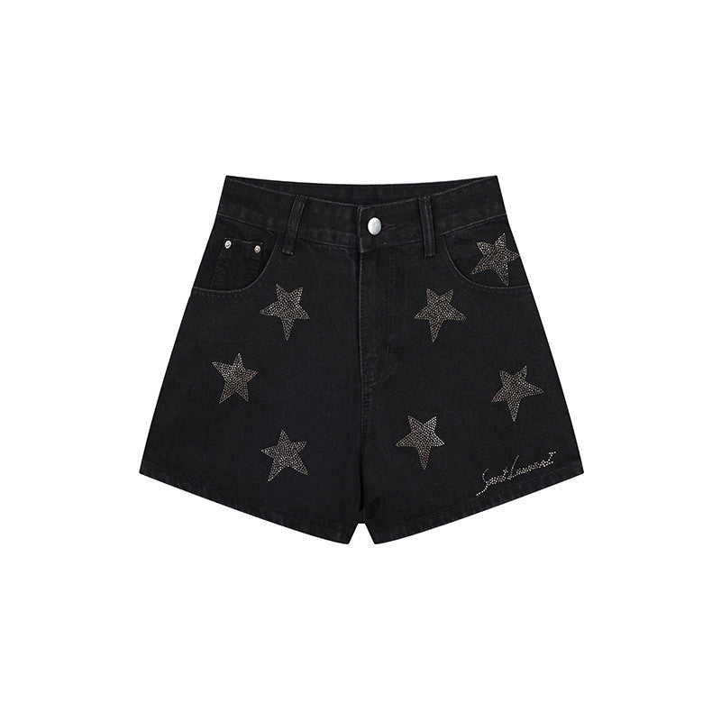Women's Fashionable High Waist Casual Slim-fit Rhinestone Denim Shorts