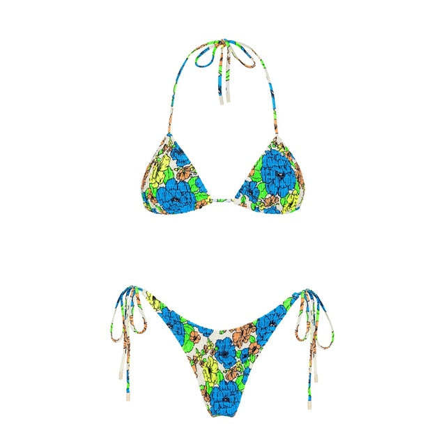 Printed Reversible Lace-up Triangle Bikini