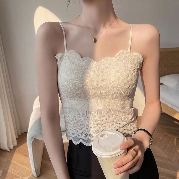 With Chest Pad Sexy Lace Beautiful Back Sling Spaghetti Strap Wavy Lace Lace Vest