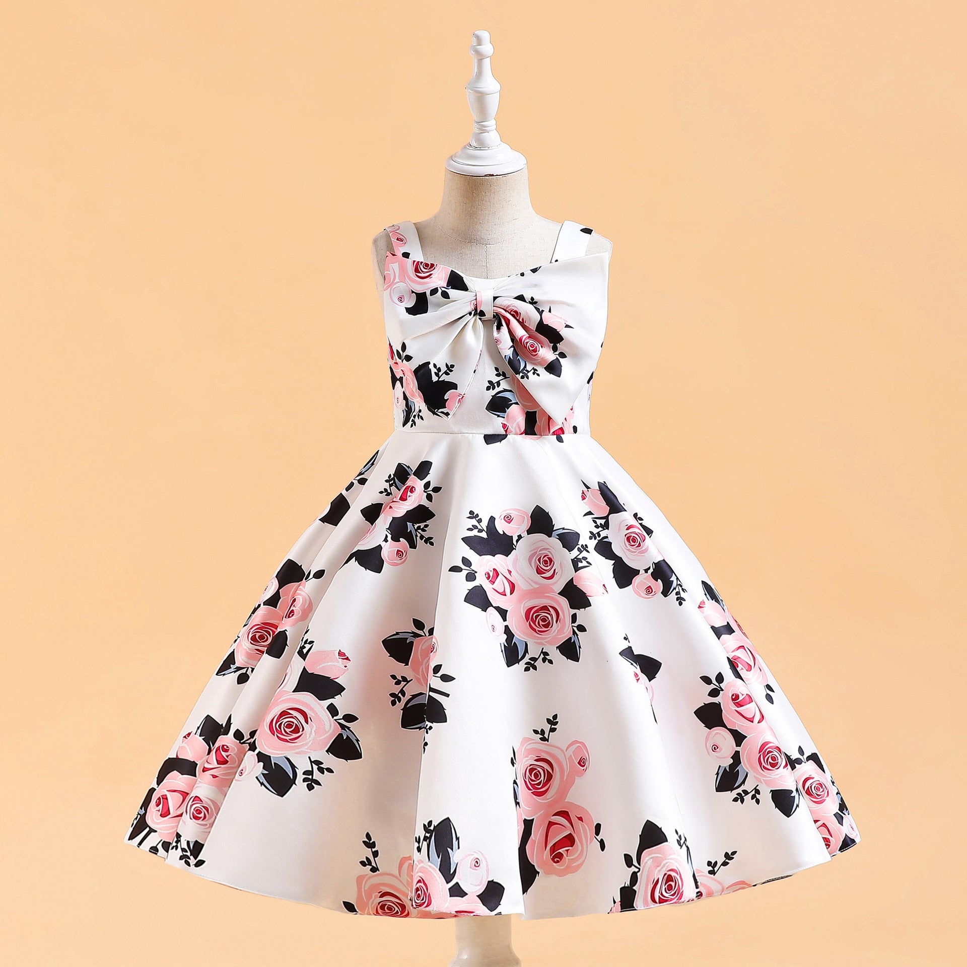 Girl's Fashion Suspenders Bow Print Princess Dress