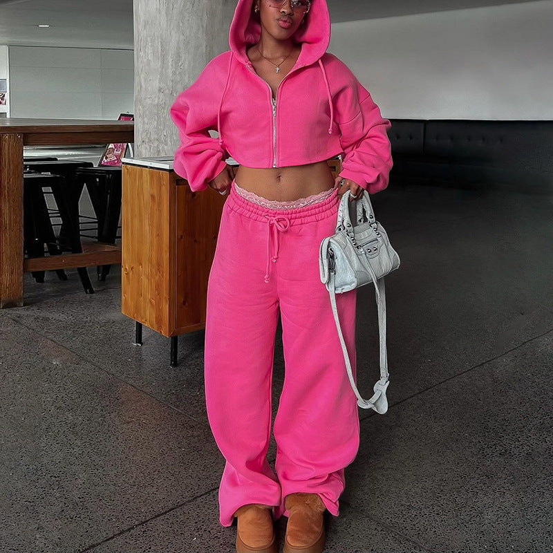 European And American Fashion Zipper Hooded Midriff-baring Top Slim Casual Trousers Suit