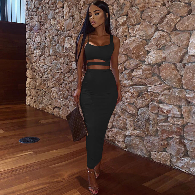 New women's sling round neck hollow two-piece skirt