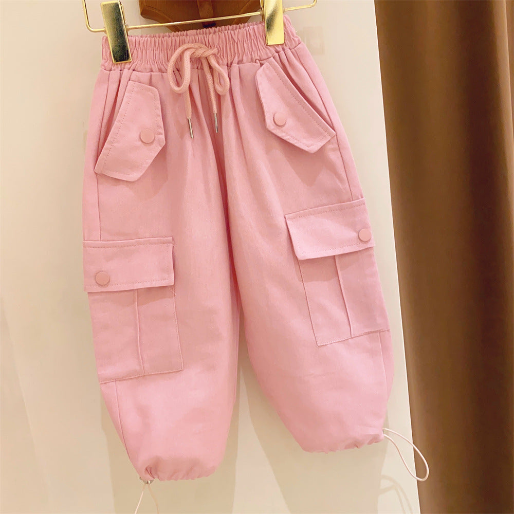 Girls' Pants Lace-up Large Pocket Loose Ankle-tied Wide Leisure Cargo Sweatpants