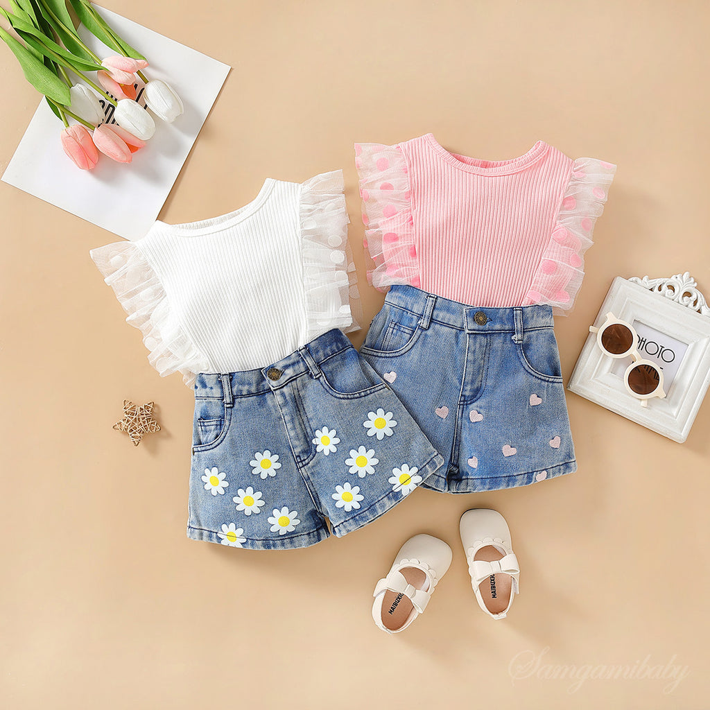 Summer Girls' Suit Polka Dot Mesh Sleeves Denim Shorts