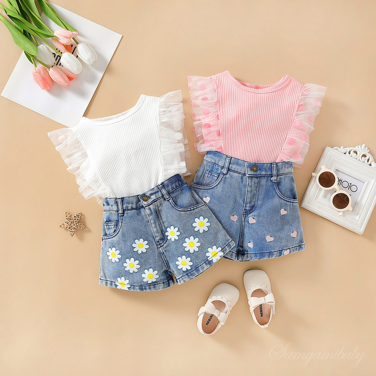 Summer Girls' Suit Polka Dot Mesh Sleeves Denim Shorts