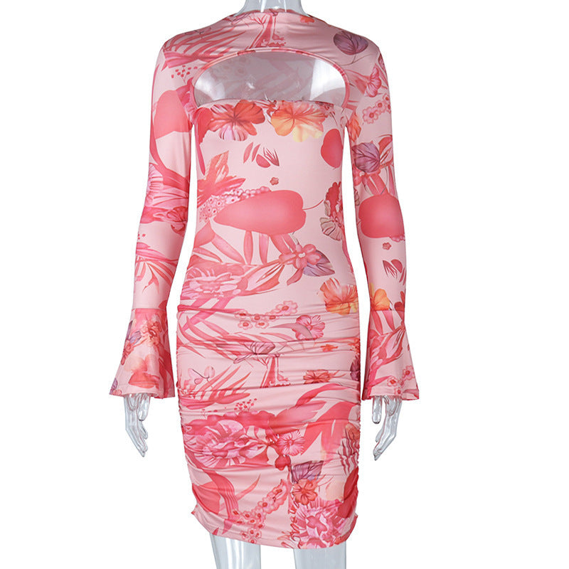 Women's Fashion Printed Flare Sleeve Hollow Out Dress