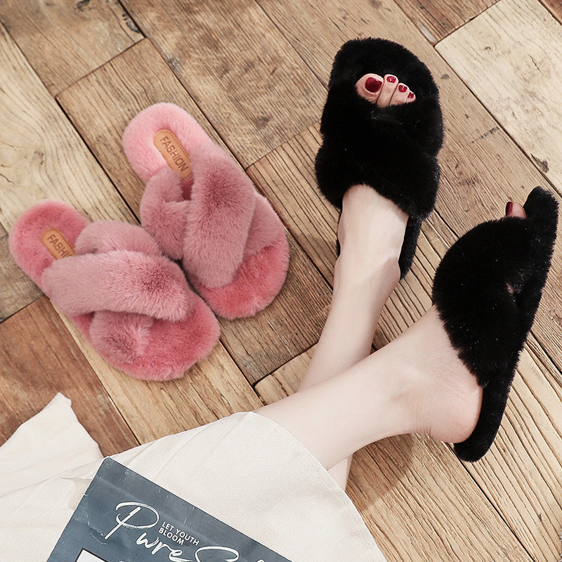 Autumn And Winter Net Red Female Fur Slippers Candy Color