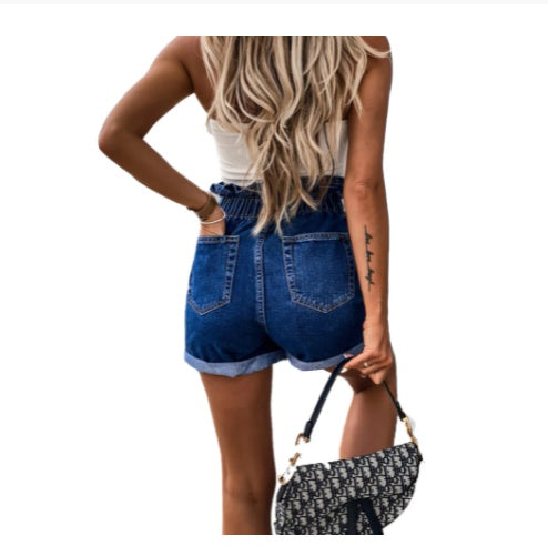 Elastic Waist Buttoned Ruffled Denim Shorts