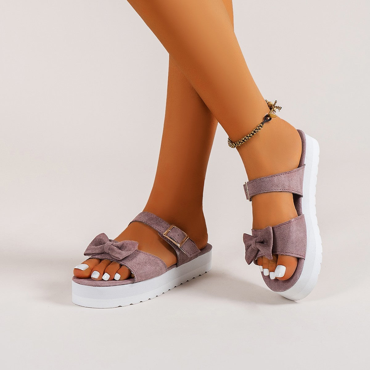 Women's Flat Suede Slip-On Solid Bow Sandals