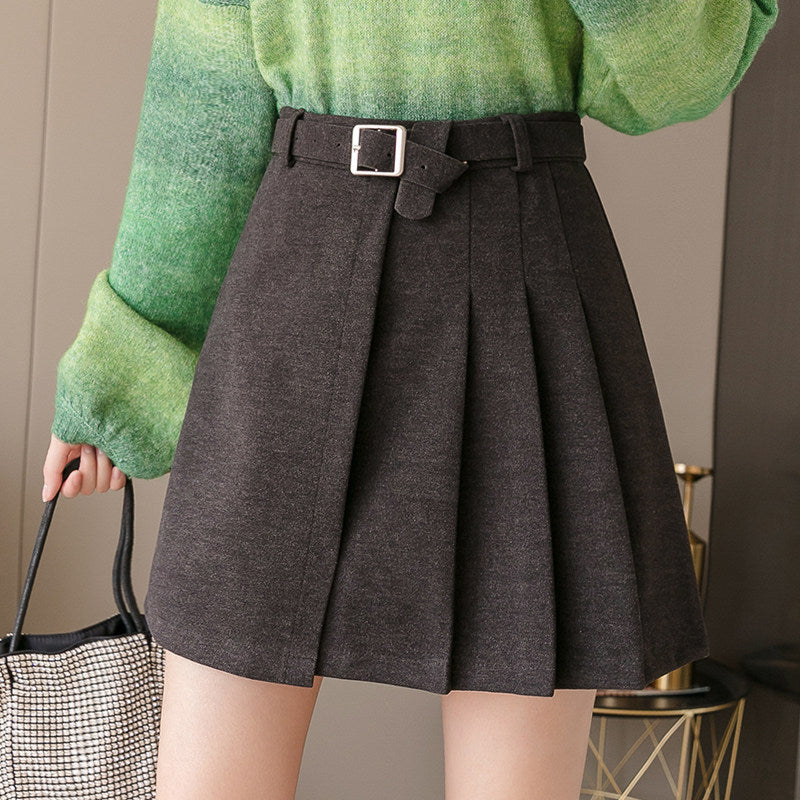 Woolen High Waist Bag Hip Black Slim Pleated Skirt