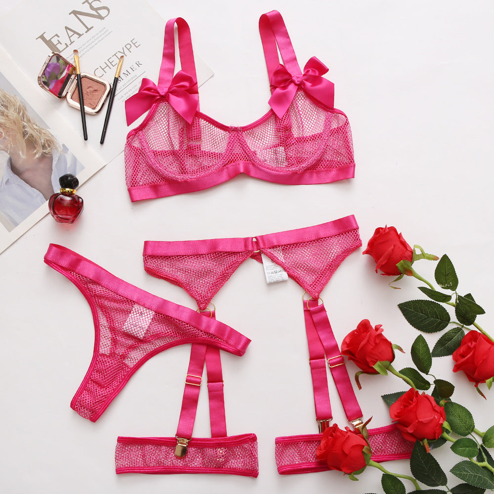 Lace Fluorescent Color Breathable Mesh Underwear Three Piece