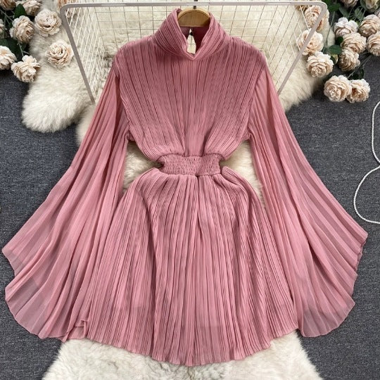 Spring And Autumn Pleated Bell Sleeve Turtleneck Dress