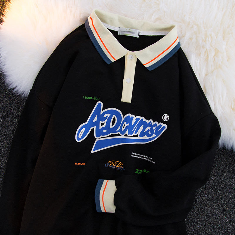 American Retro Alphabet Print Polo Collar Sweater For Men And Women