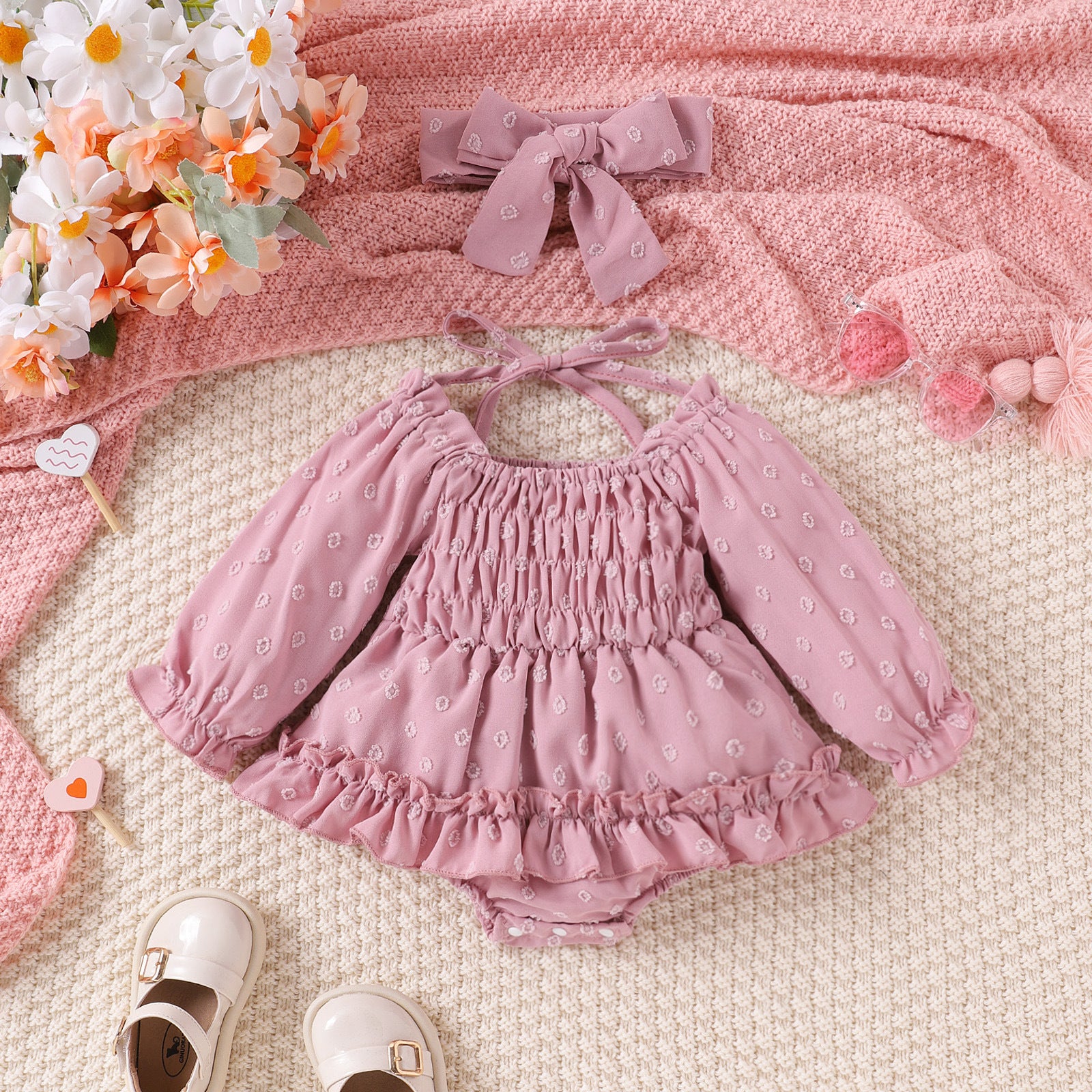 Two-color Embroidery SUNFLOWER Lace-up Long Sleeve Irregular Dress