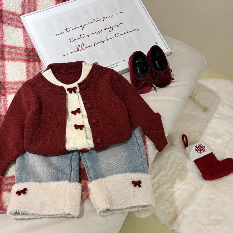 Baby Girl Red Bow Sweater Love Fleece Padded Jeans