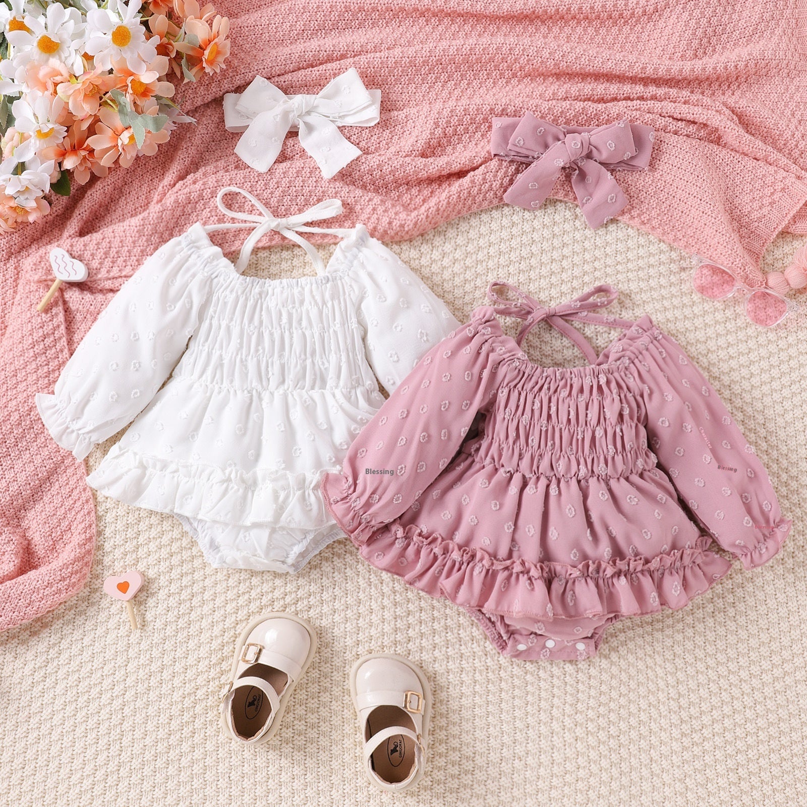Two-color Embroidery SUNFLOWER Lace-up Long Sleeve Irregular Dress