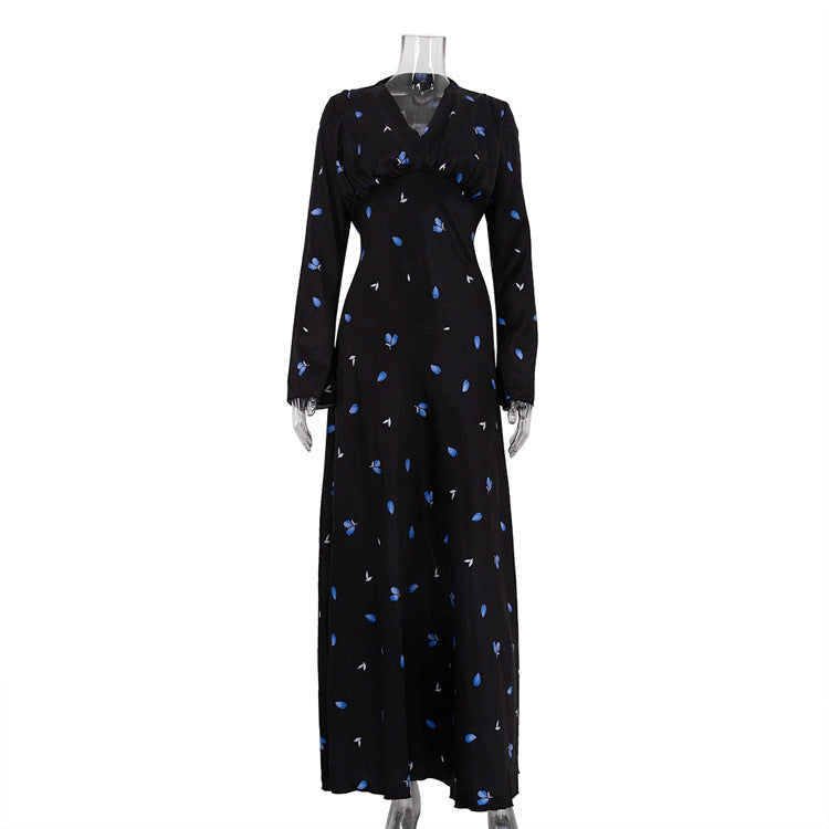 Elegant Printed Satin V-neck Long Sleeve Lace-up Dress