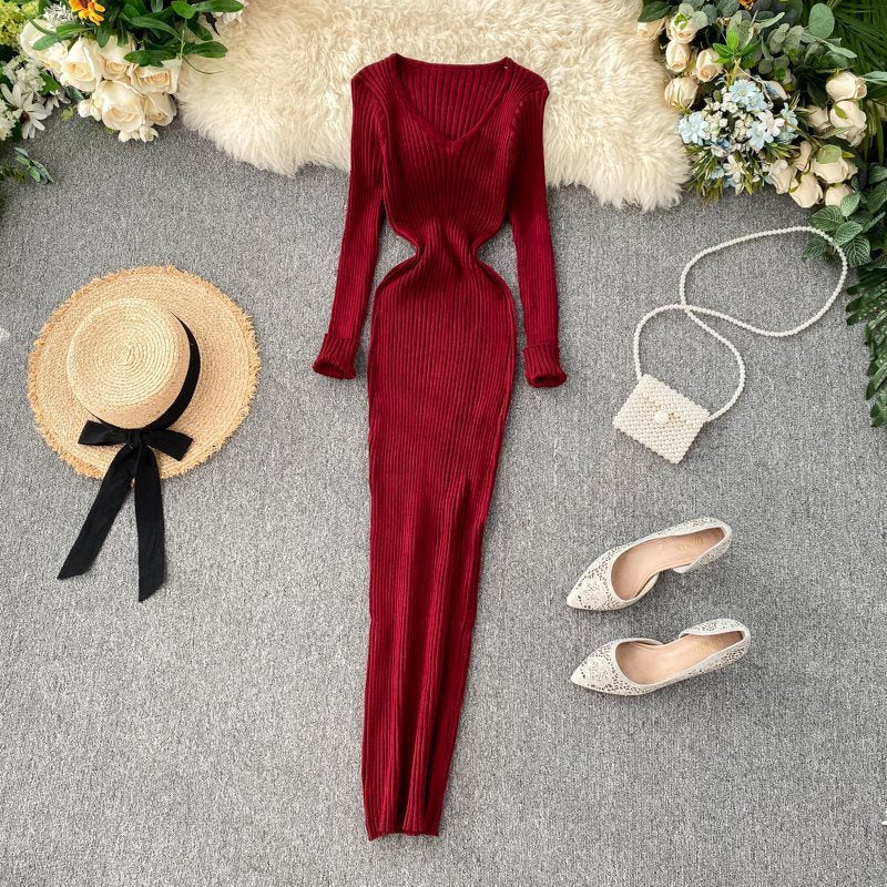 Dress Women Simple Solid Color Long Sleeve Tight