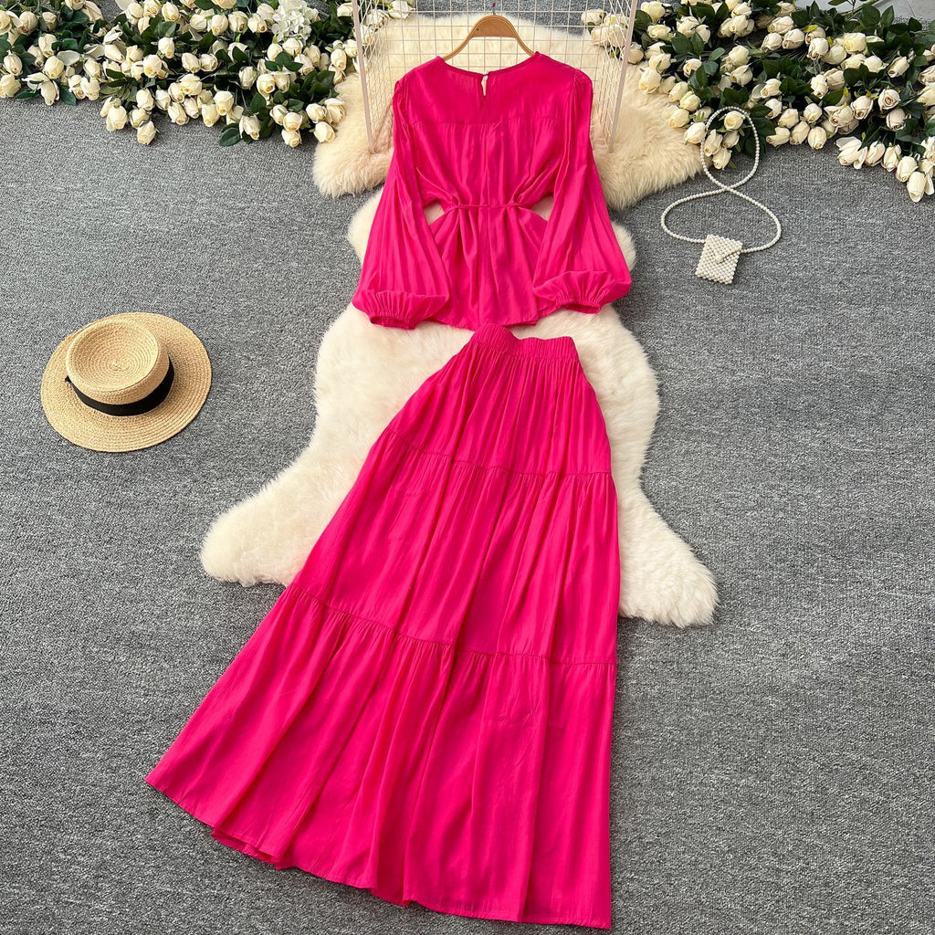 Suit Women's Spring French Style Lace-up Waist-controlled Round Neck Long Sleeve Shirt High Waist Drooping Skirt