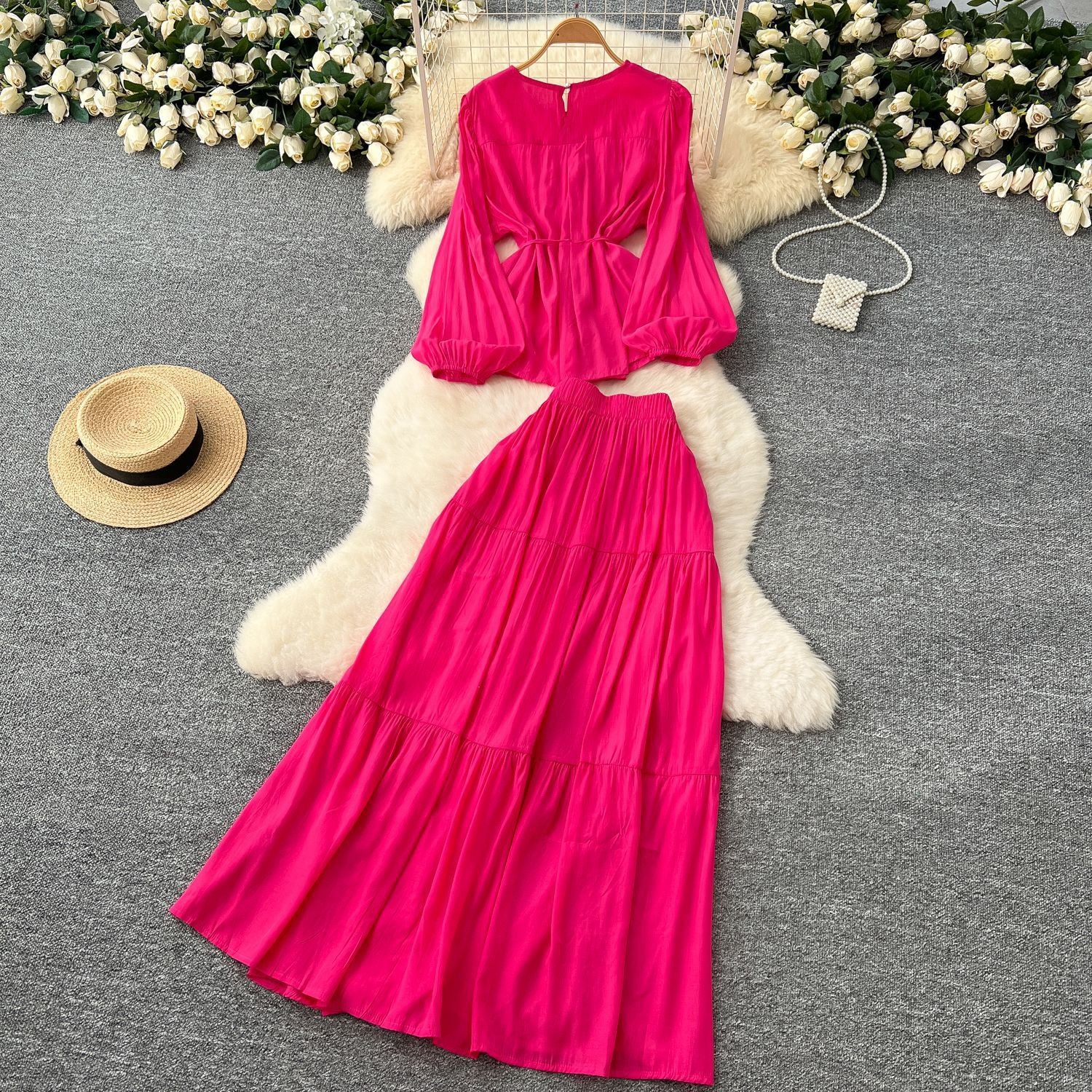 Suit Women's Spring French Style Lace-up Waist-controlled Round Neck Long Sleeve Shirt High Waist Drooping Skirt