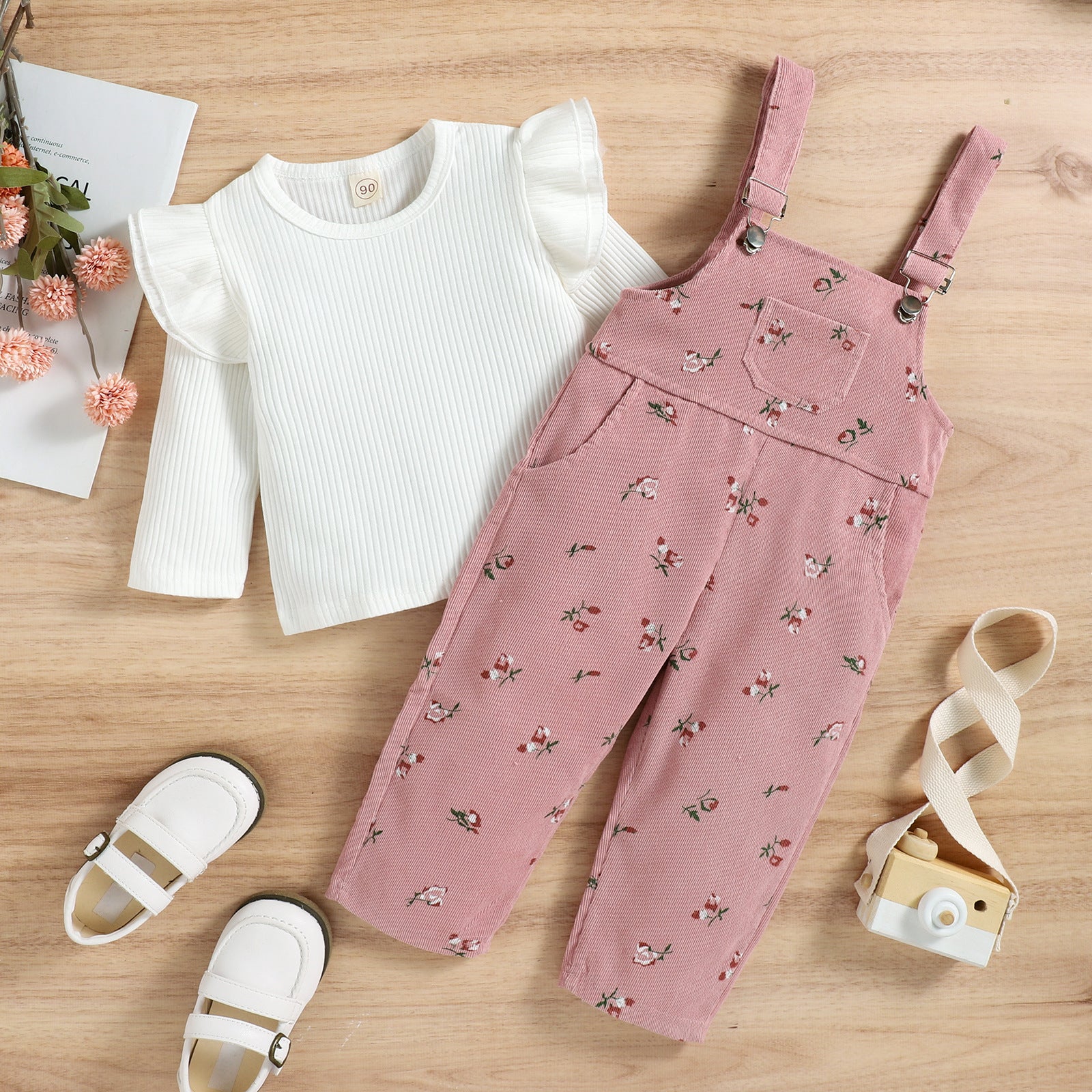 Korean Style Girls' Long-sleeved Bottoming Shirt Printed Corduroy Suspender Trousers Suit