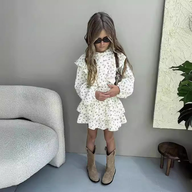 Girls' Autumn Floral Lace Shirt Tiered Skirt Children Two-piece Set