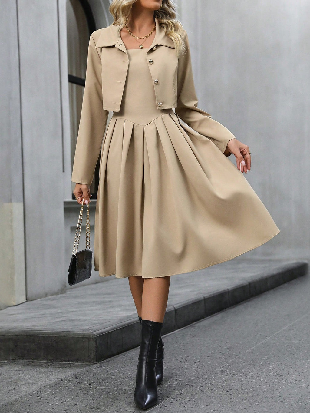 Solid Color Front Button Up Shirt And Pleated Dress