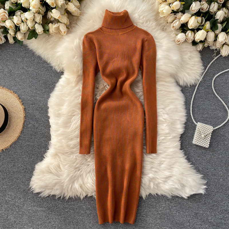 Simple Solid Color Temperament High Collar Slim Knitted Dress