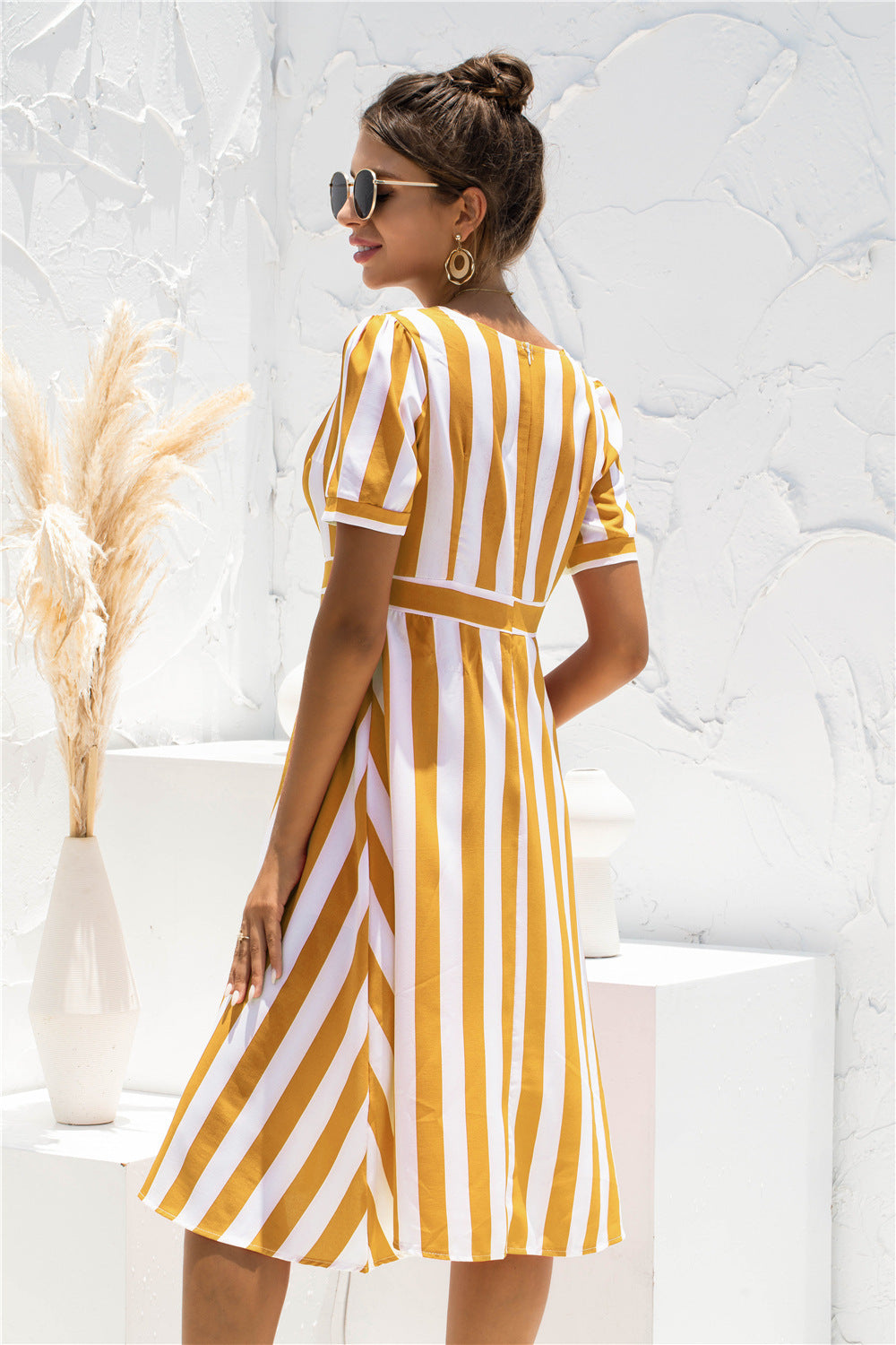 Printed V-neck Striped Short Sleeve Dress