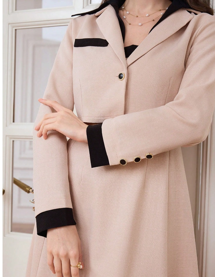 Women's Autumn Color Blocked Round Neck Long Sleeved Jacket And Camisole Skirt