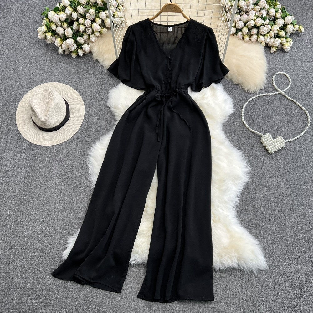 Fashion Flared Sleeves Collar Casual High Waist Slimming Jumpsuit