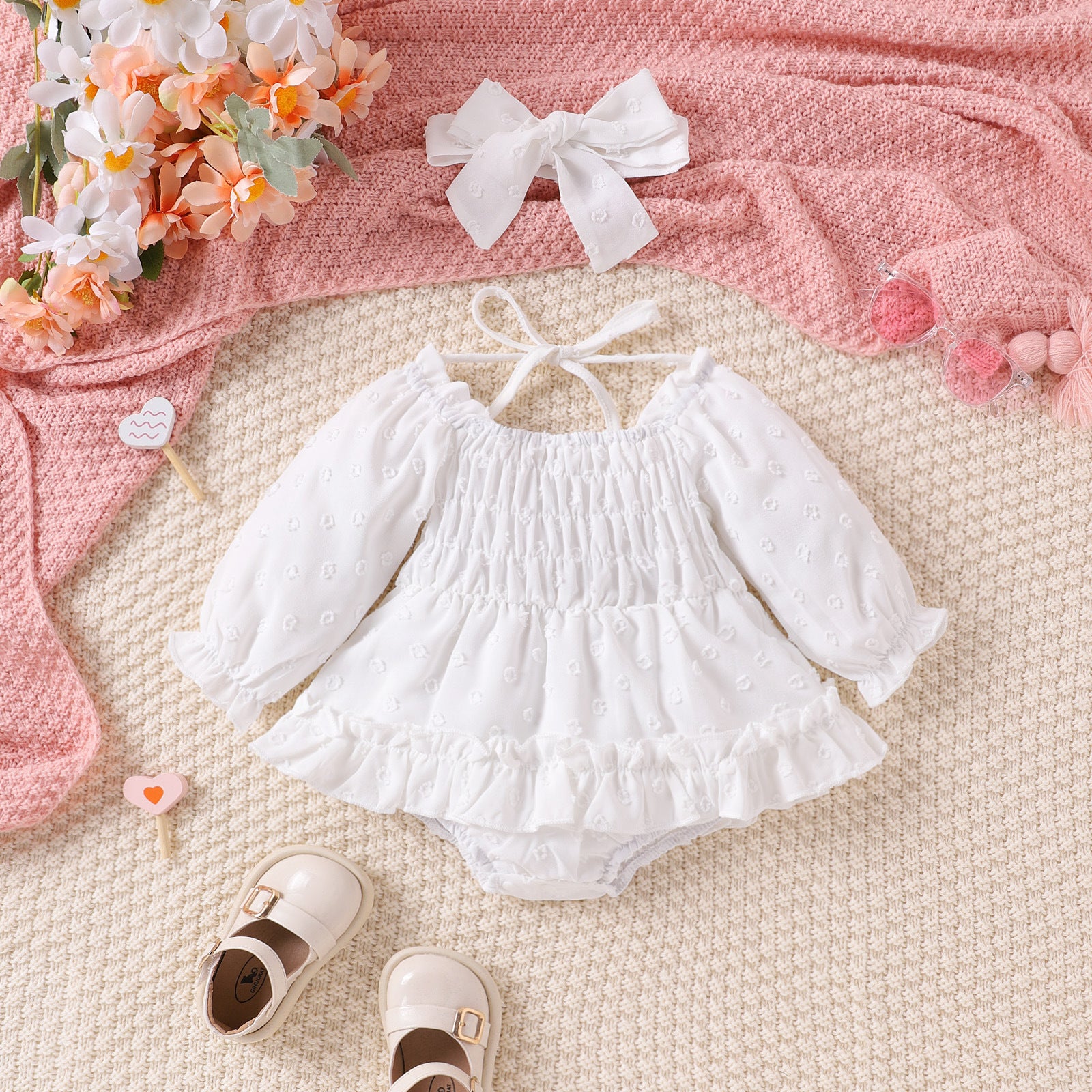 Two-color Embroidery SUNFLOWER Lace-up Long Sleeve Irregular Dress