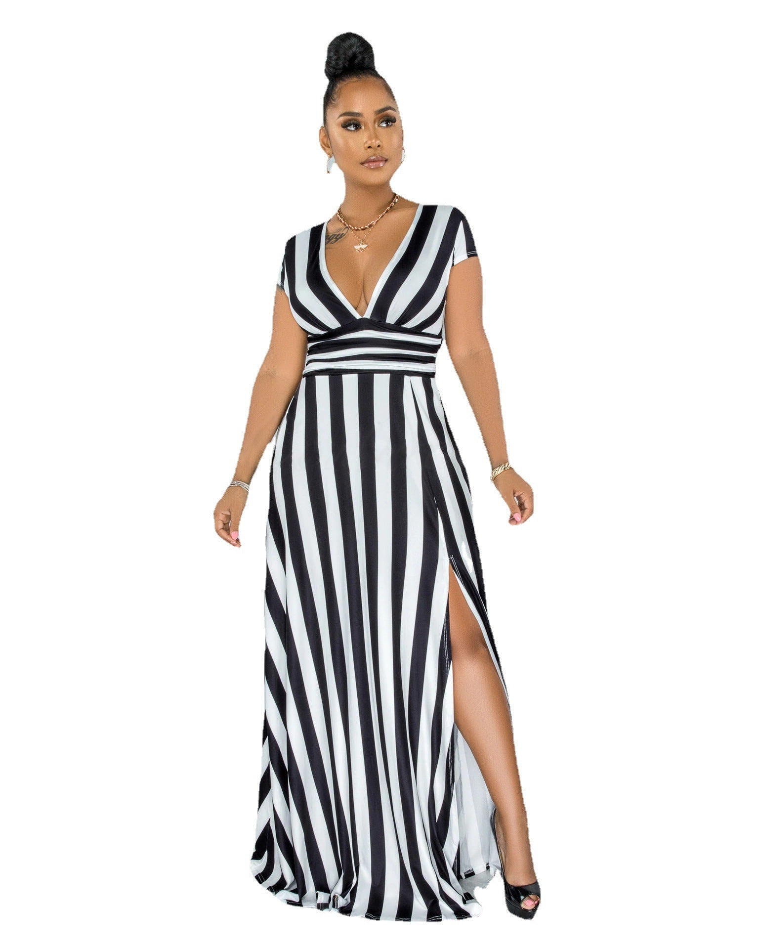Fashion Striped Sculpting Slit Dress