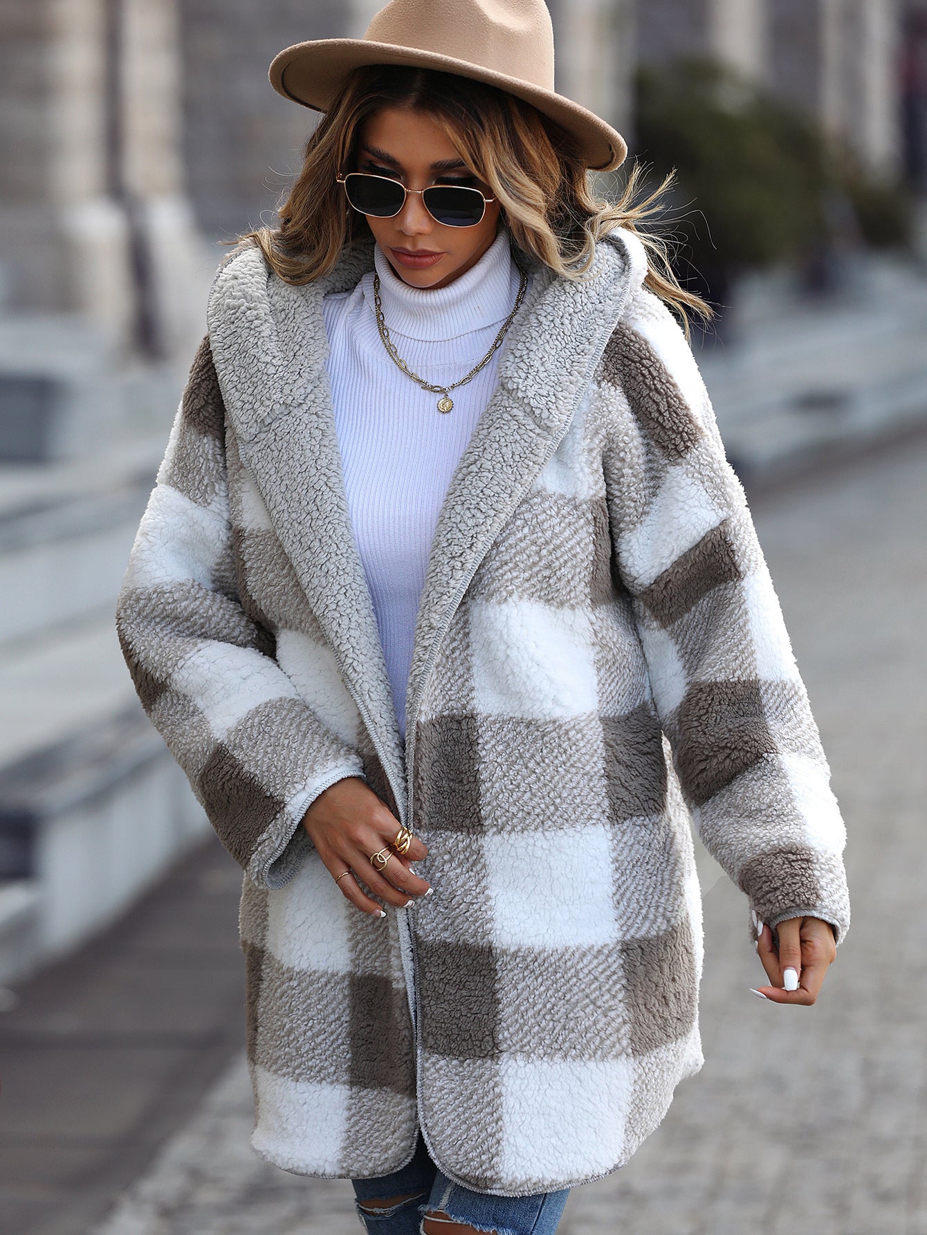 Women's Plush Hooded Plaid Bubble Velvet Buckle-free Coat