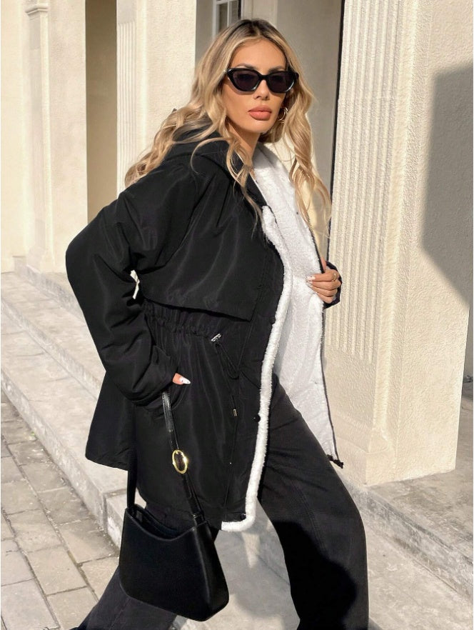 Drawstring Waist Hooded Plush Lined Parka Coat