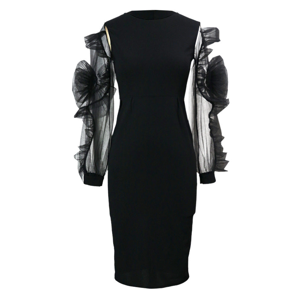 Mesh Flower Long Sleeve Slim Wrapped Pencil Skirt