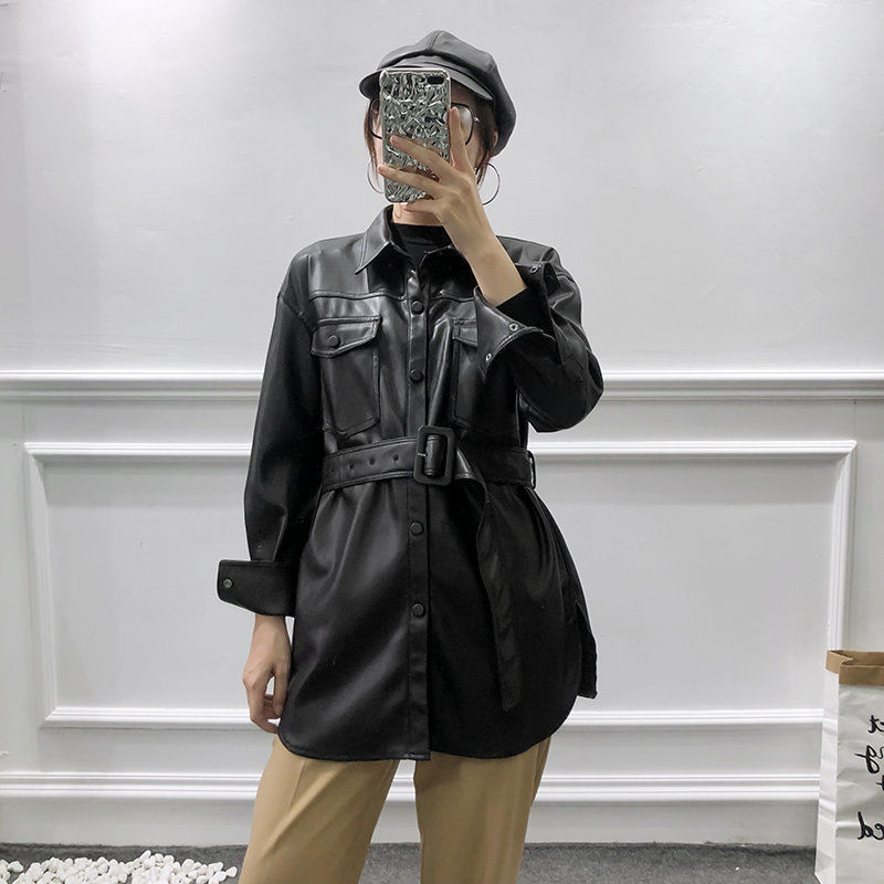 Women's Mid-Length Tunic Leather Shirt Jacket