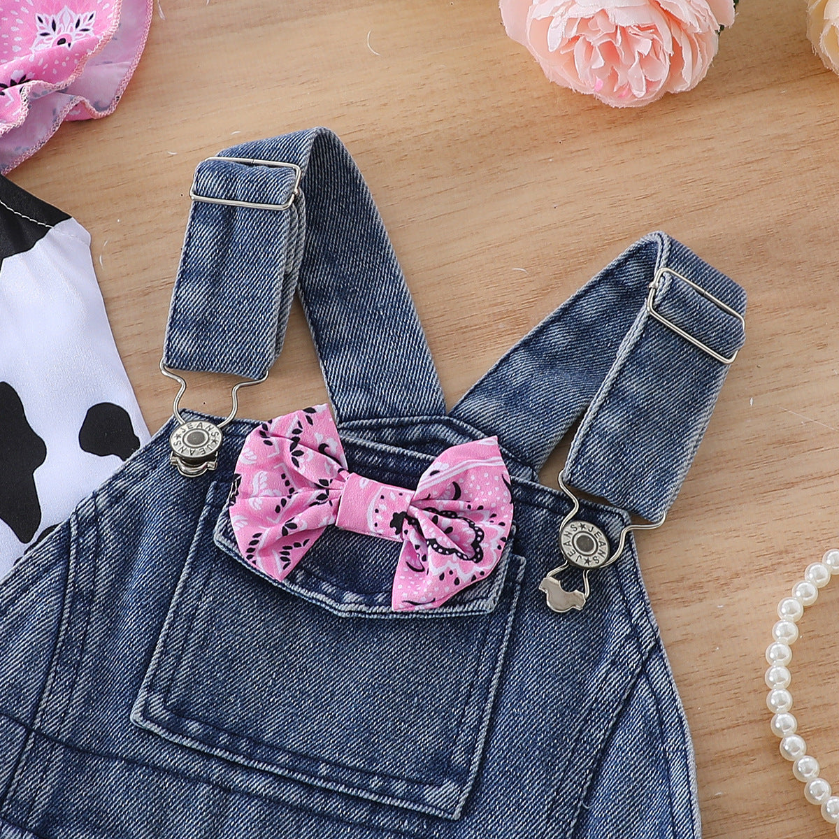 Cow Print Shirt Top Bow Denim Carrier Shorts