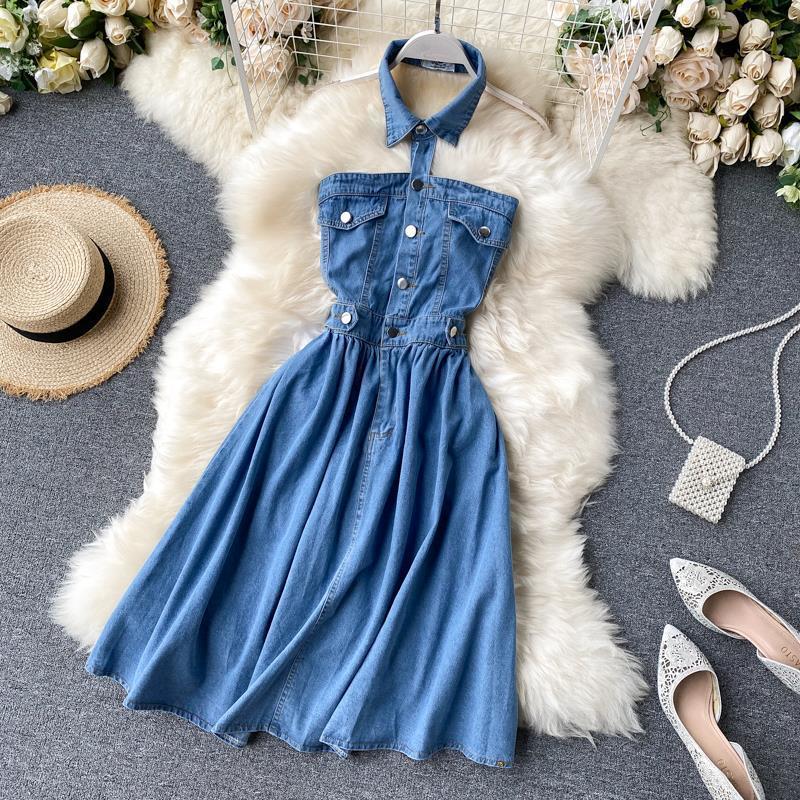 Sexy halter neck washed soft denim skirt