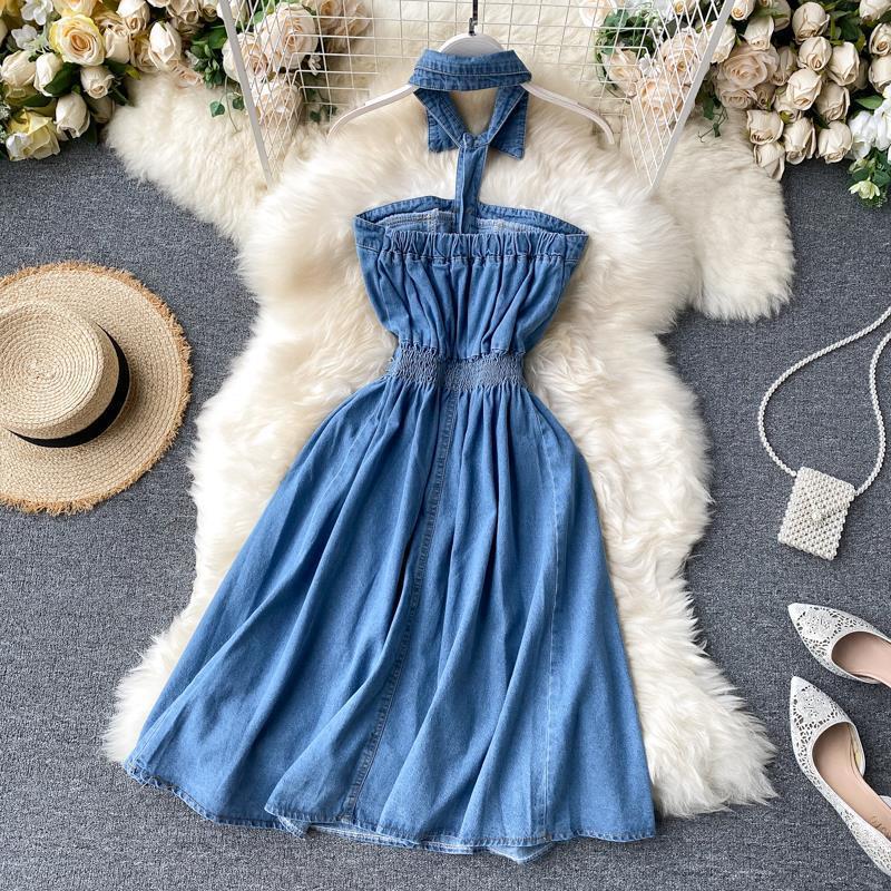 Sexy halter neck washed soft denim skirt