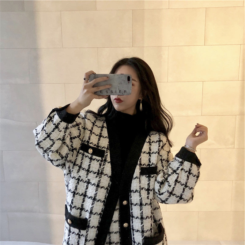 Women's Fashion Plaid Jacket Short Skirt Set