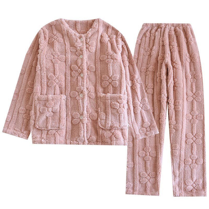 Coral Velvet Pajamas Women's Winter Long Sleeve Thick Solid Color Simple Homewear