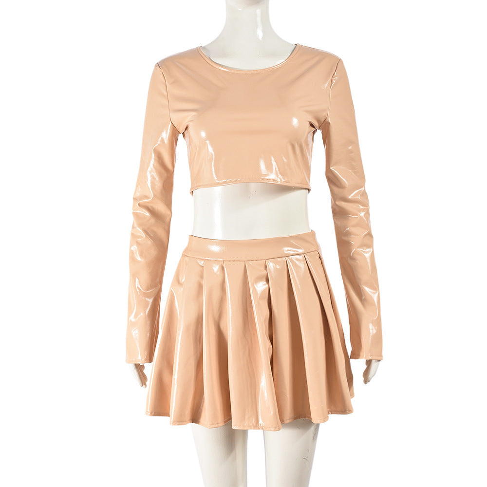 Long Sleeve Round Neck Sexy Pleated Skirt Two-piece Set