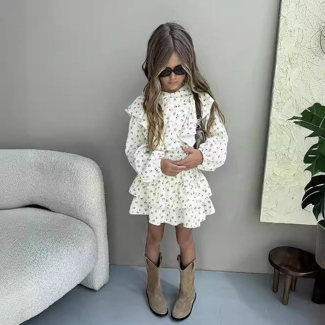 Girls' Autumn Floral Lace Shirt Tiered Skirt Children Two-piece Set