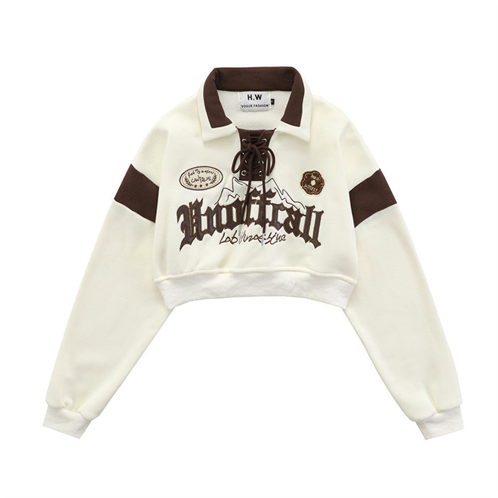 Women's Loose Fashion Polo Collar Lace-up Retro Alphabet Embroidery Color Matching Long Sleeve Short Top